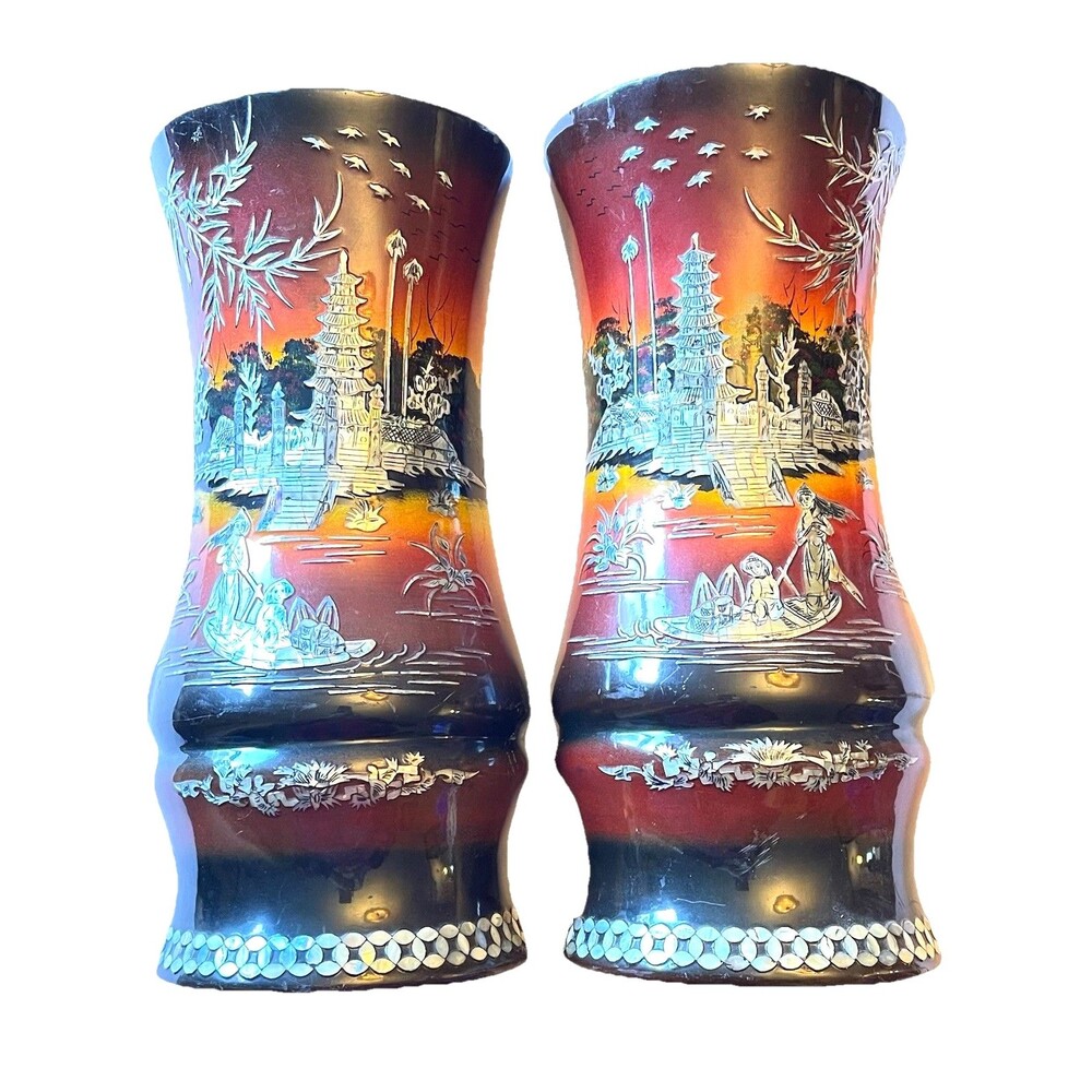 Pair Asian Pocket Wall Vases Red Lacquered Water Scene Mother of Pearl 14.5"